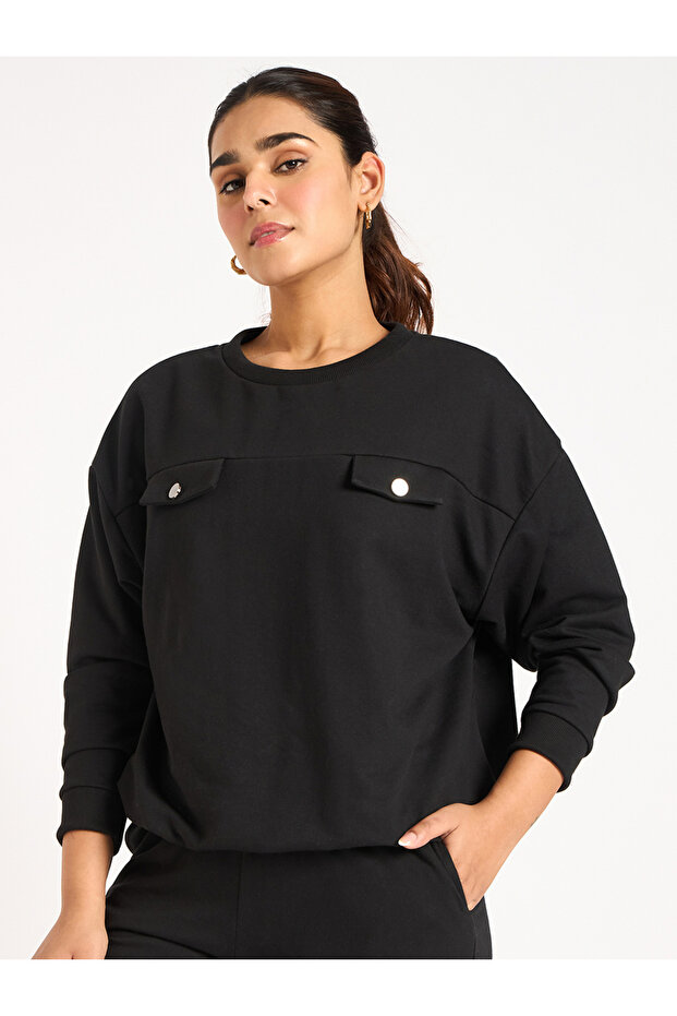 Black Flap Detail Terry Sweatshirt