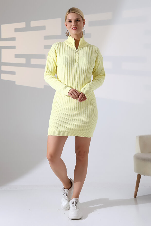 Triko Fermuar Detaylı Mini Elbise - 1