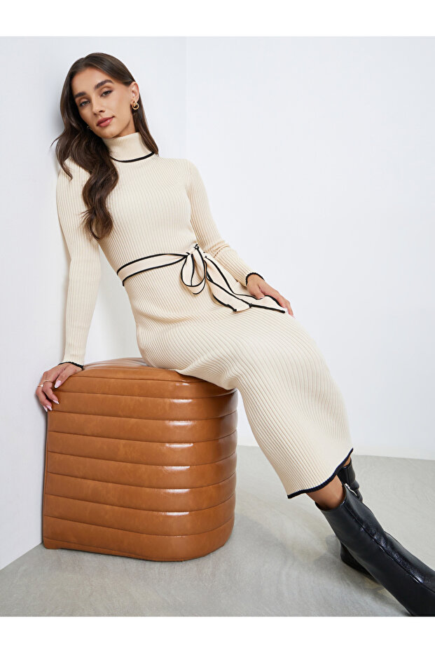 Beige Ribbed Knit Sweater Midi Dress