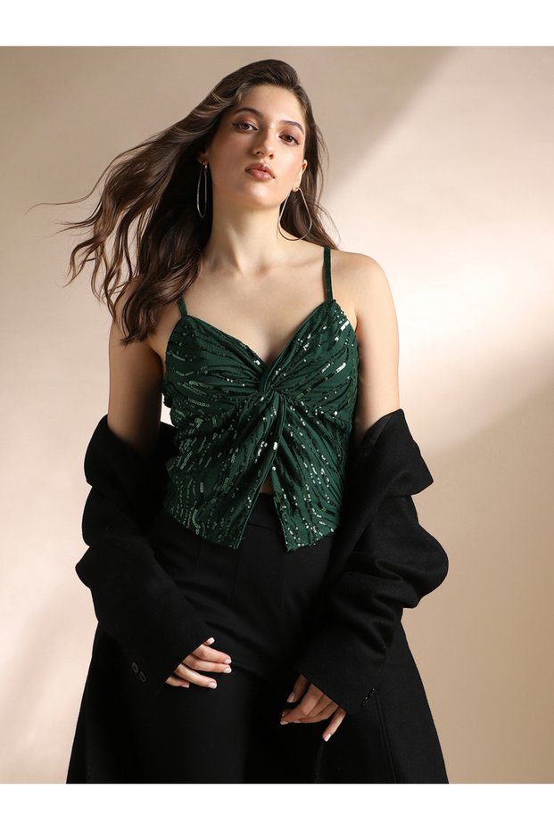 Women Green Sweetheart Neck Strappy Crop Top