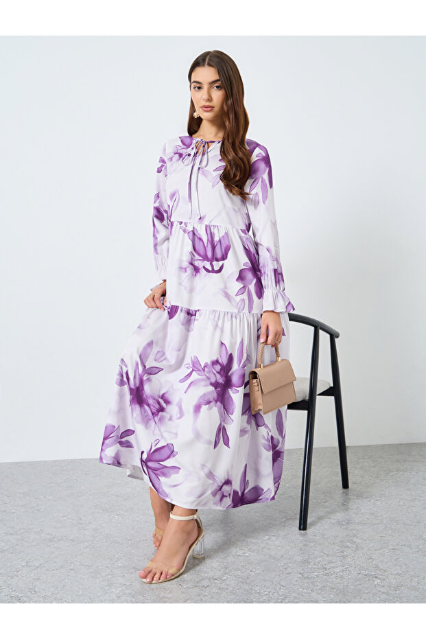 Floral Printed Tie-Up Neck Long Sleeve Midi Dress