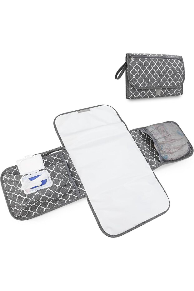 Portable Diaper Changing Mat, Changing Pad ,Foldable with Storage -Quatrefoil Pattern - Grey