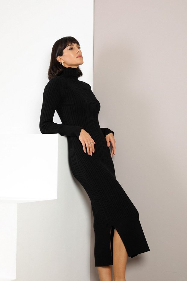 Black Turtleneck Slit Detailed Long Sleeve Striped Patterned Cashmere Women's Knitwear Dress