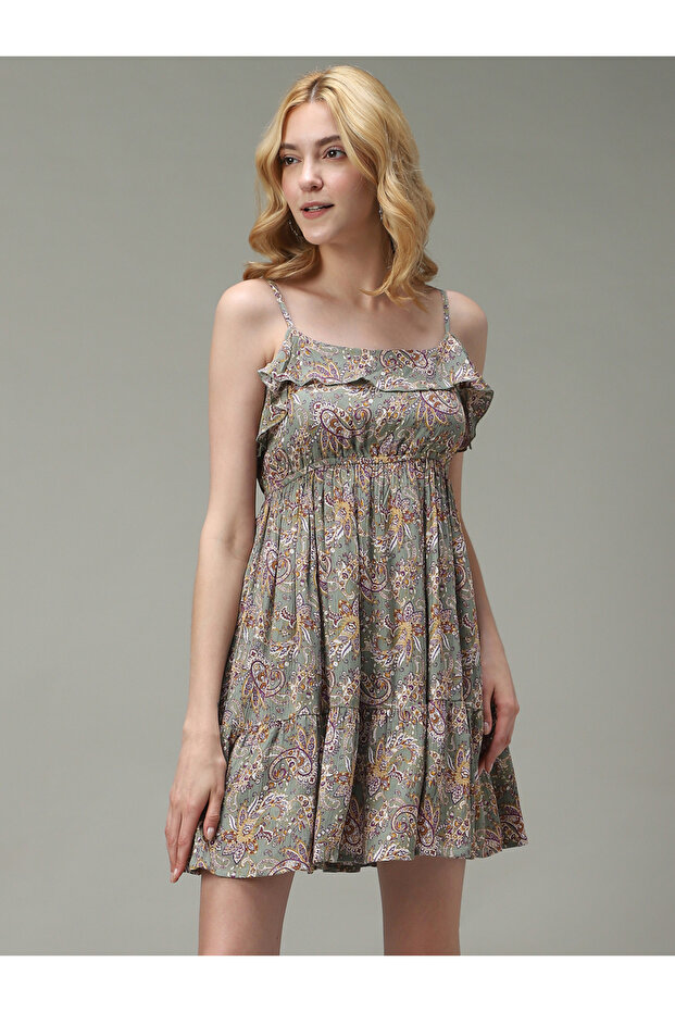 Green Strappy Printed Mini Dress