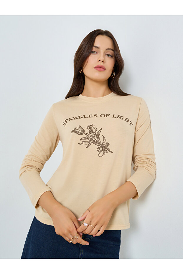 Beige Graphic Print Long Sleeve T-Shirt