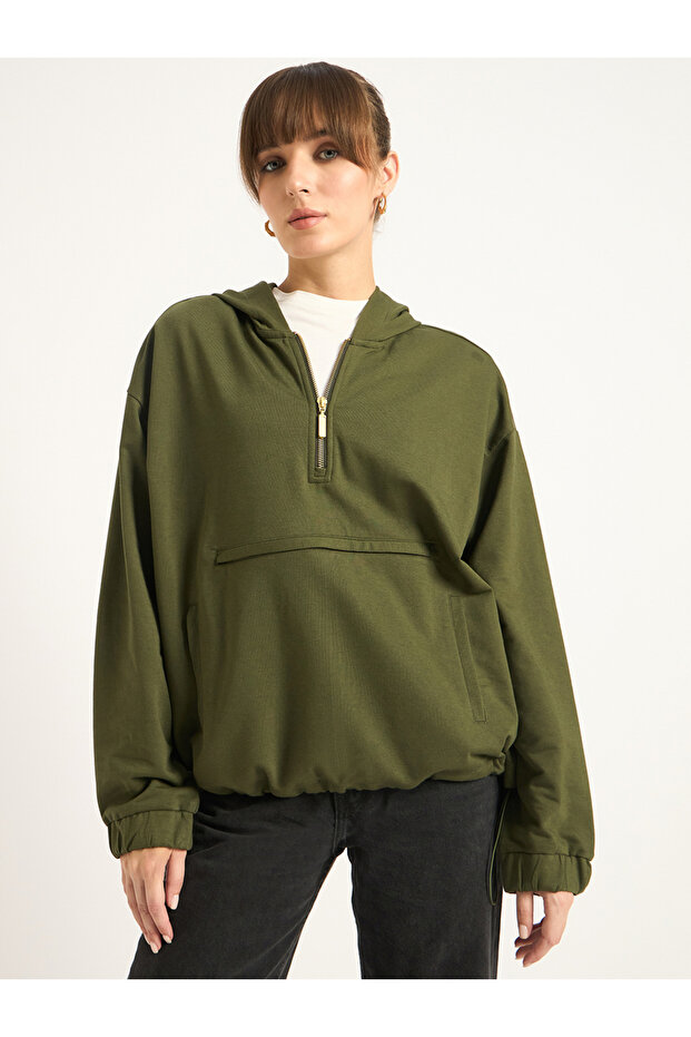 Olive Half Zip Up Terry Hoodie