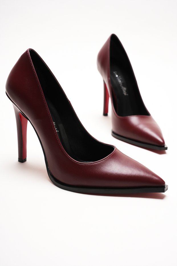 Burgundy Faux Leather Stiletto Heeled Shoes Pointed Toe Classic Evening Women's Shoes Tokyova