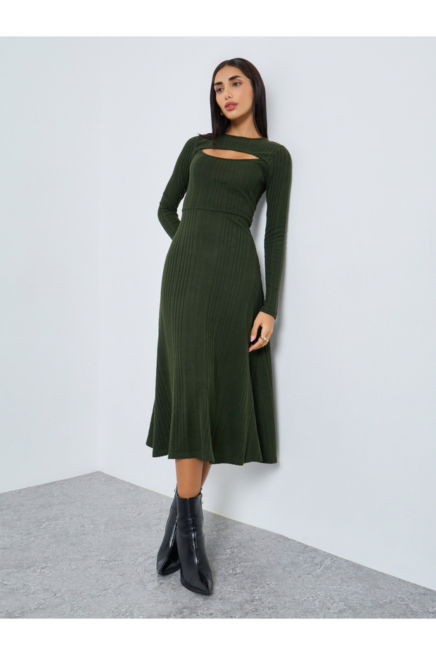 Olive Green Ribbed A-Line Midi Dress