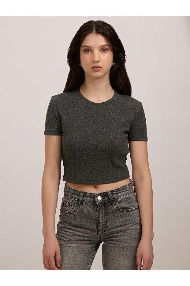 Grey Basic Fitted Ribbed Top - 2