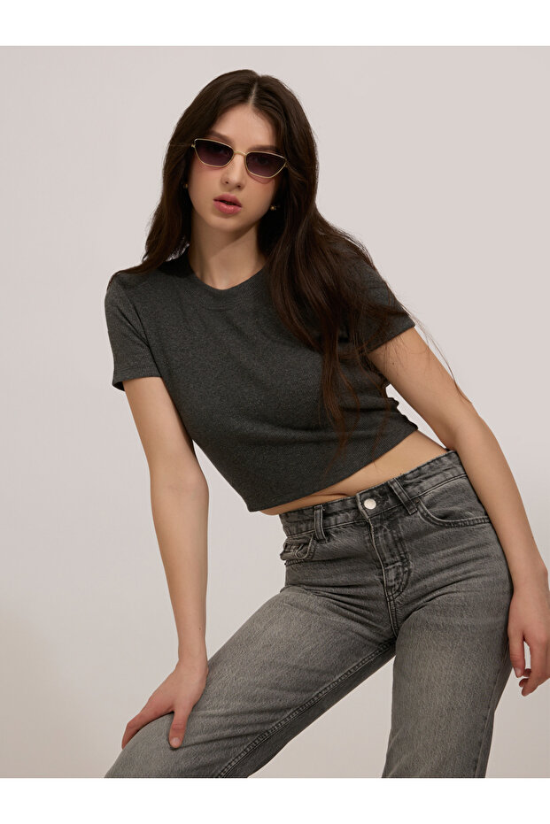 Grey Basic Fitted Ribbed Top - 1