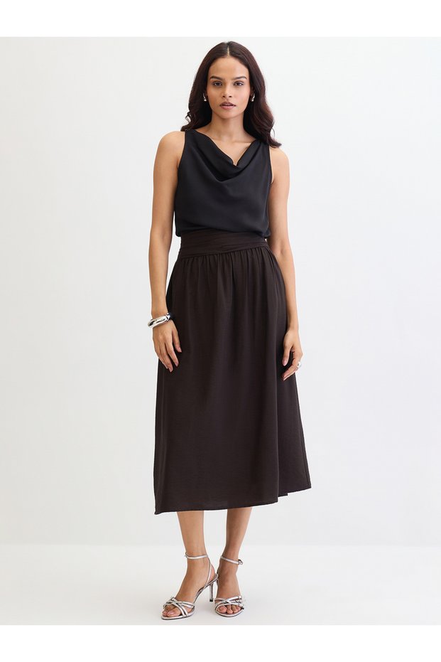 Black Pleated Waistband Midi Skirt
