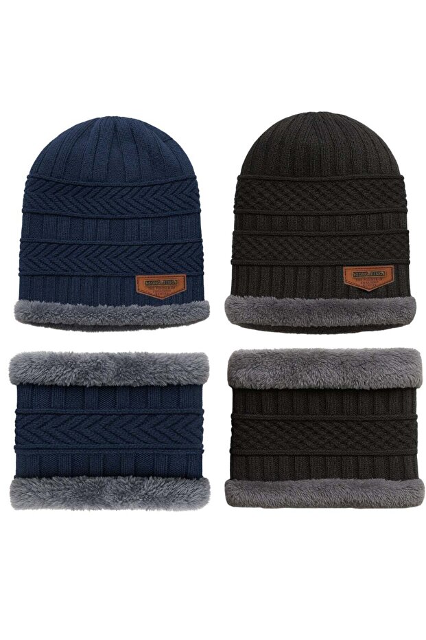 4-Piece Winter Beanie and Scarf Set (2 Black, 2 Navy)