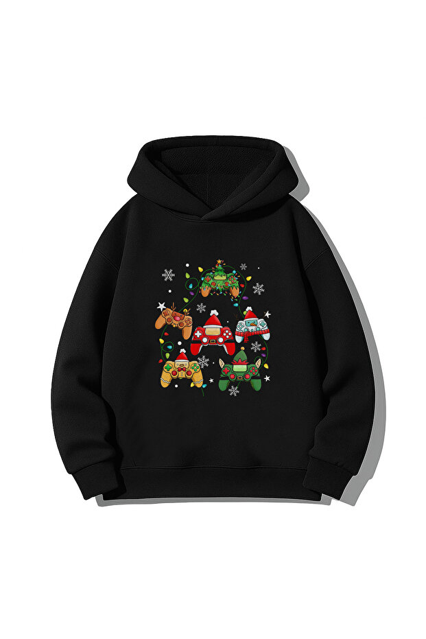 2026 New Year Santa Claus Christmas Printed Black Hooded Sweatshirt