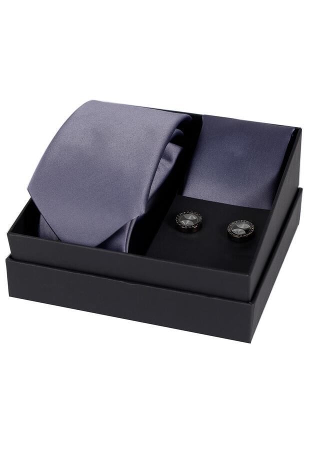 8 cm Hand Made Satin Gray Color Tie Handkerchief & Cufflink Gift Set Hset:133