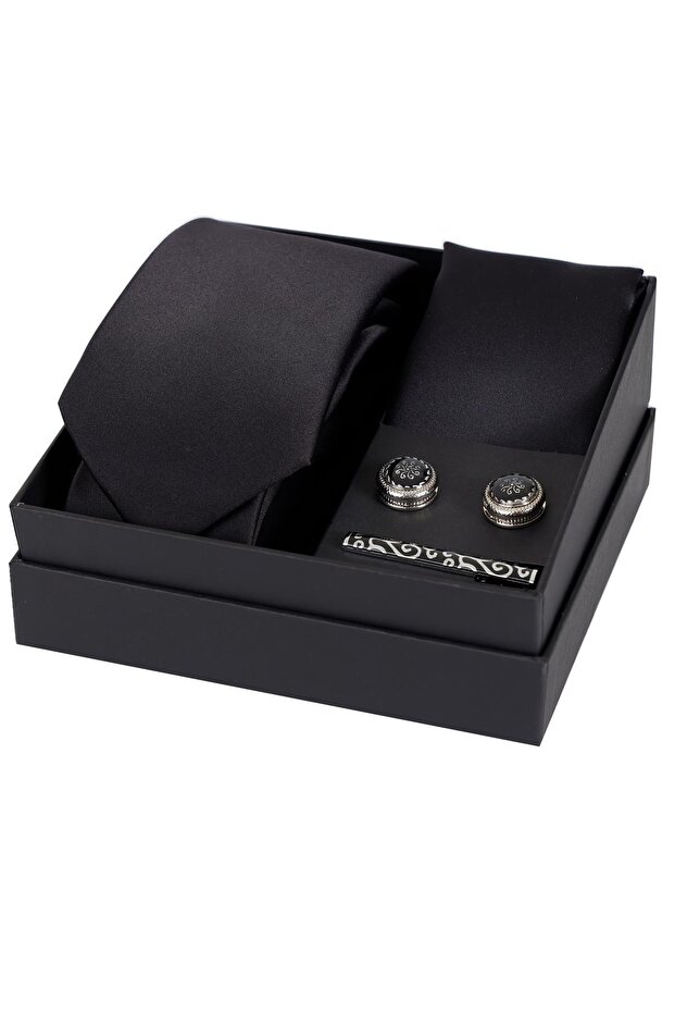 8 cm Hand Made Black Satin Tie Handkerchief & Cufflink & Tie Clip Gift Set Hset:113