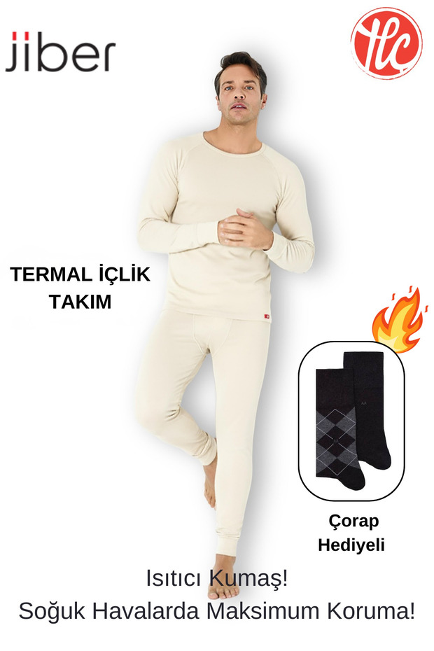 Men's Ecru Moisture-Wicking and Odor-Free Heated Thermal Underwear Set (with Socks as a Gift)