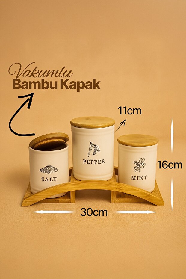 3-Piece Porcelain Salt-Pepper-Mint Spice Jar with Bamboo Lid and Bridge Stand - Vacuum-Packed - 30*16 cm