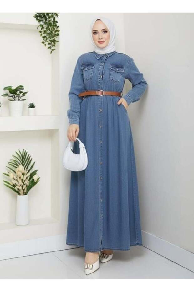 Women's Buttoned Belted Denim Blue Dress