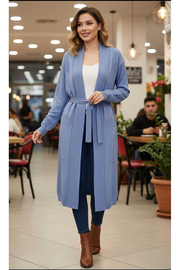 Long Sleeve with Pockets with Belt One Size Length 85 cm Knitwear Cardigan