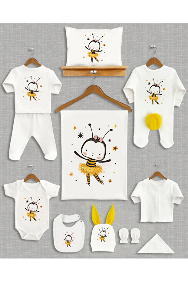 11 Piece Cute Bee Printed Newborn Hospital Discharge Set with Pompoms and Ears, 100% Cotton