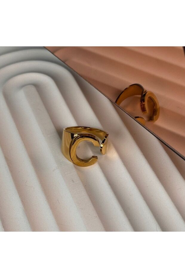 Letter Adjustable Gold Color Steel Ring Letter C