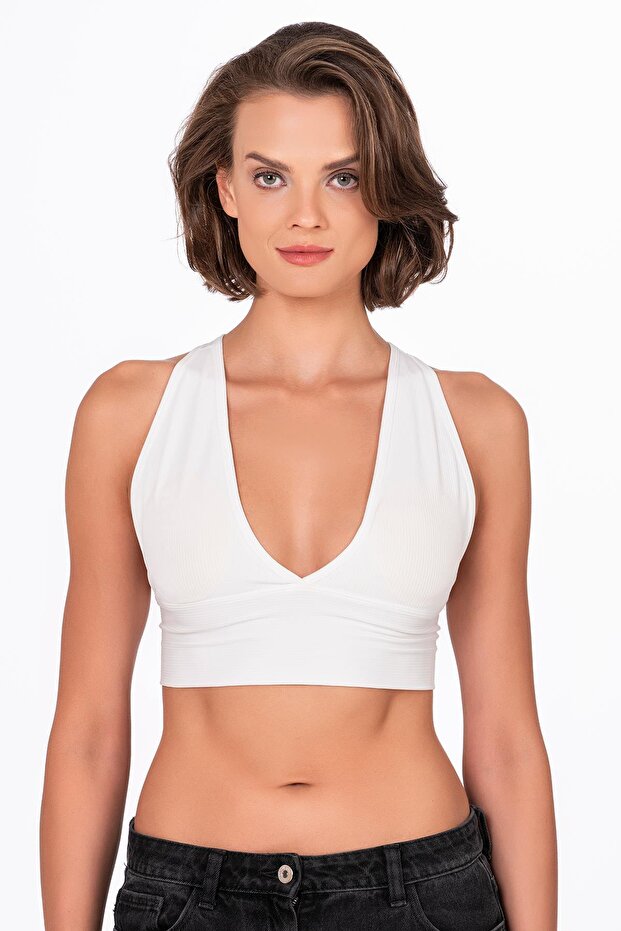 Cross Back Detail Corded Fabric Sports Bustier | White