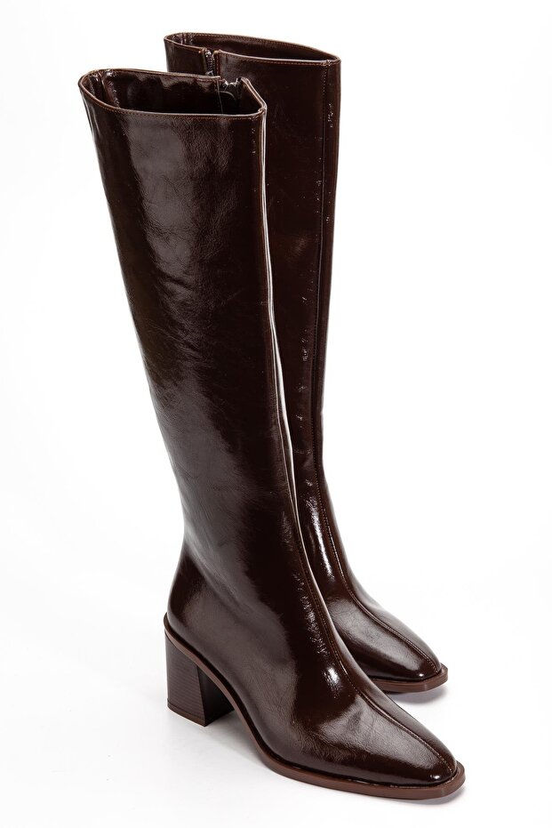 Women's Heeled Boots Brown Patent Leather Zippered Blunt Toe