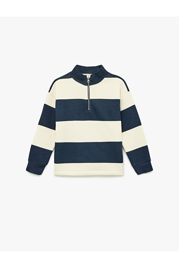 Ribbed Half-Zip Long Sleeve High Collar Oversized Striped Sweatshirt