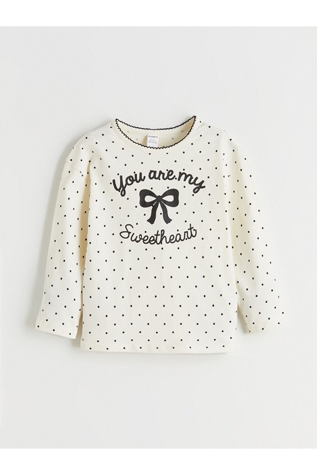 Kids Ecru Crew Neck Ribbon Printed Girls' T-Shirt