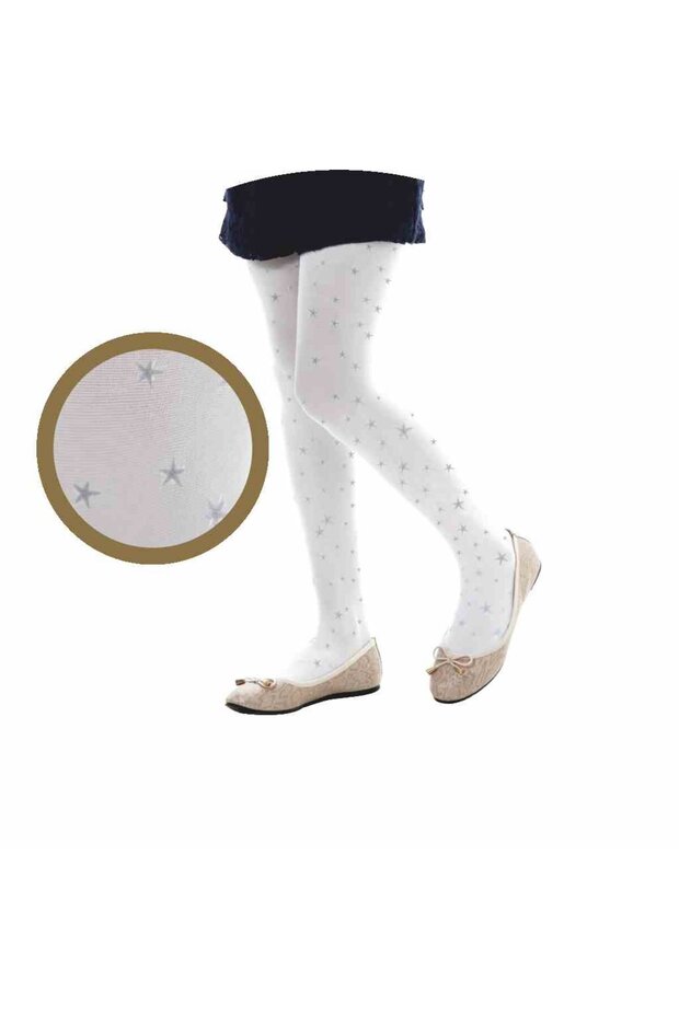 Girl's White Glitter Star Patterned Mousse Pantyhose Dream - 1
