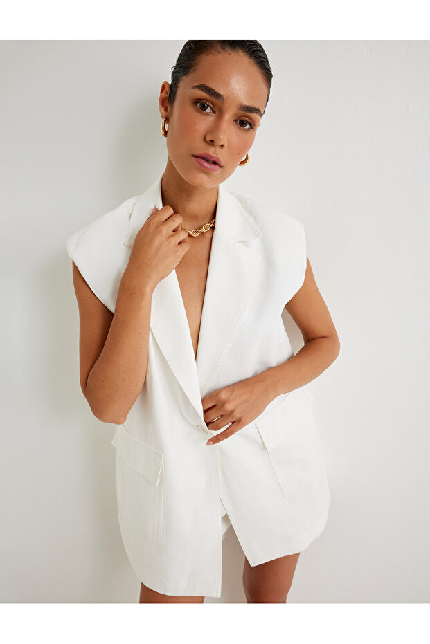 Linen Blend Blazer Vest Double-Breasted with Hip Length Pockets