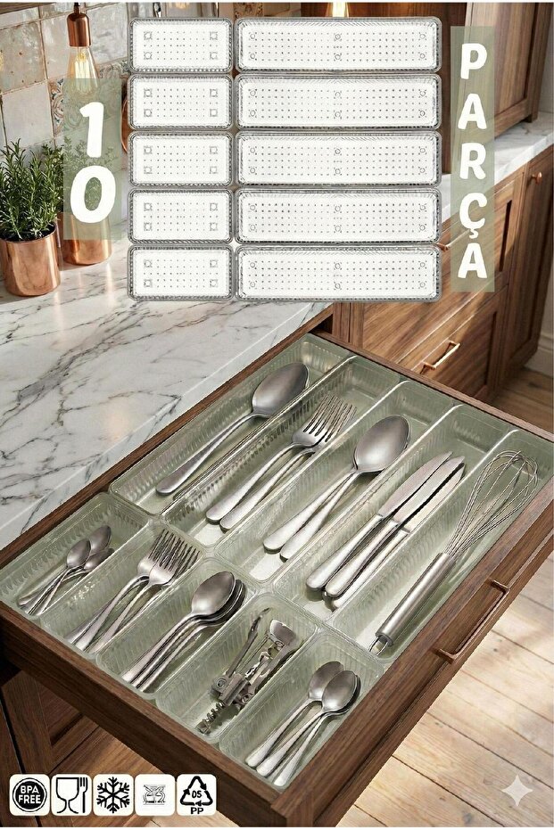 Modular Set of 10 Cutlery Drawer Organizer Fork Spoon Knife Organizing Organizer Transparent