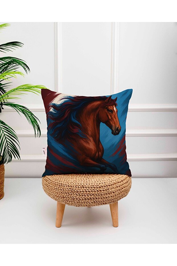 Digital Printed Throw Pillow Cover with Running Horse Figure on Burgundy and Blue Background