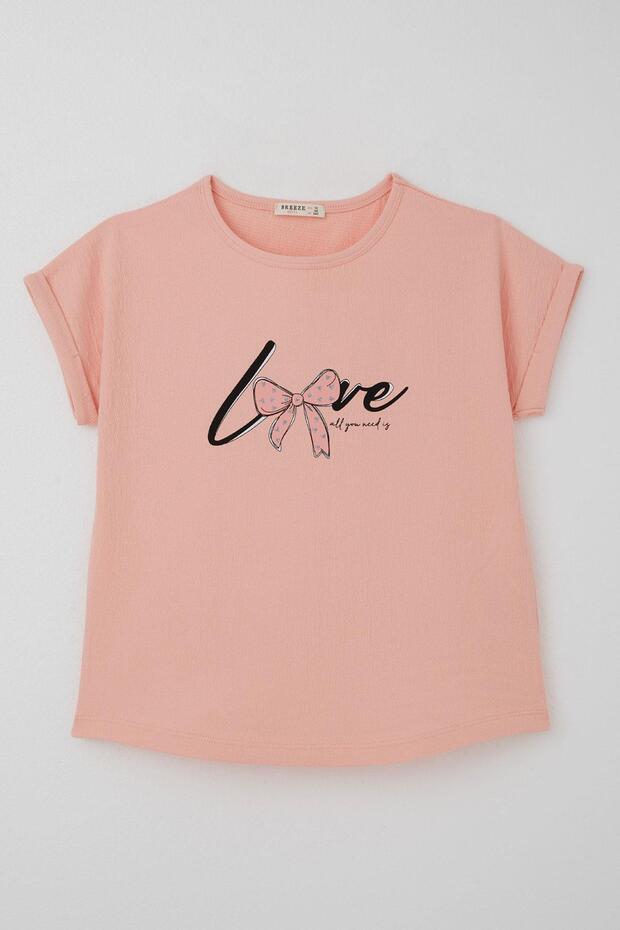 Girl's T-Shirt Love Themed Text Printed Silvery 9-14 Years Old, Salmon