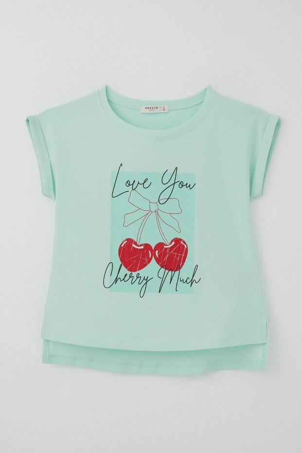 Girl's T-Shirt Love Themed Heart Bow Printed 10-16 Years Old, Water Green