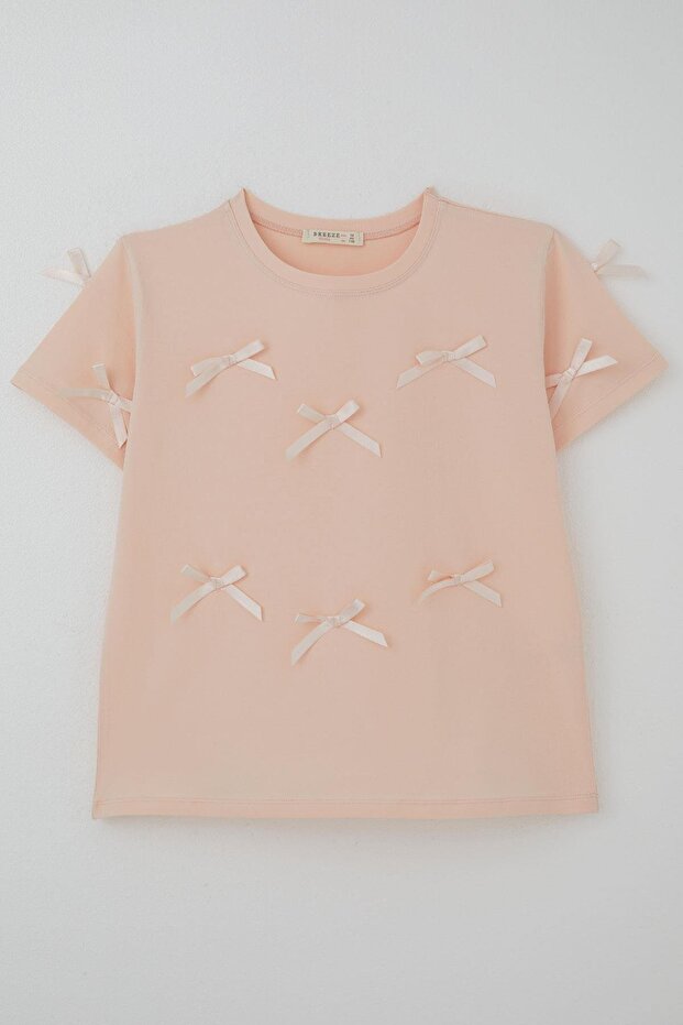 Girl's T-Shirt with Bow Accessory Detail, Ages 9-14, Powder