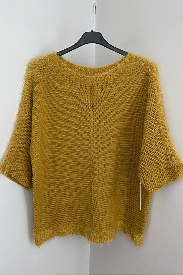 Women's Italian Mustard Round Neck Solid Pattern Fringe Detail Three Quarter Sleeve Bearded Blouse Sweater