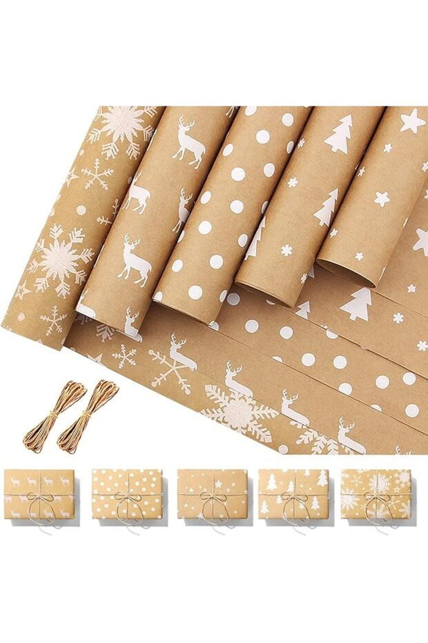 Christmas Wrapping Paper Rolls, 5 Roll 44cm x 300cm, Brown Kraft Paper, Snowflake Elk Xmas Tree Pa