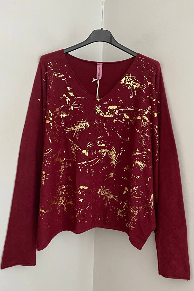 Women's Italian Burgundy V-Neck Gilded Brush Pattern Blouse