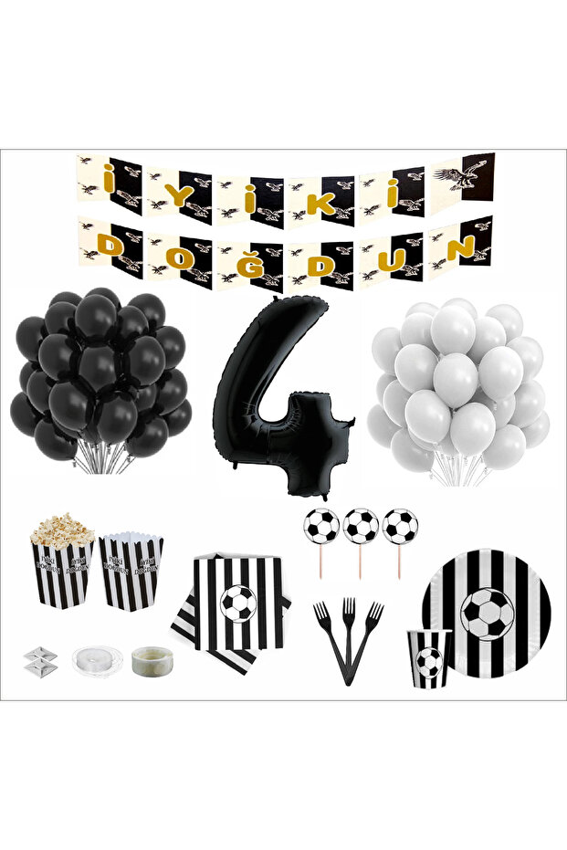 4 Year Old Fan Black and White 8-Person Birthday Set