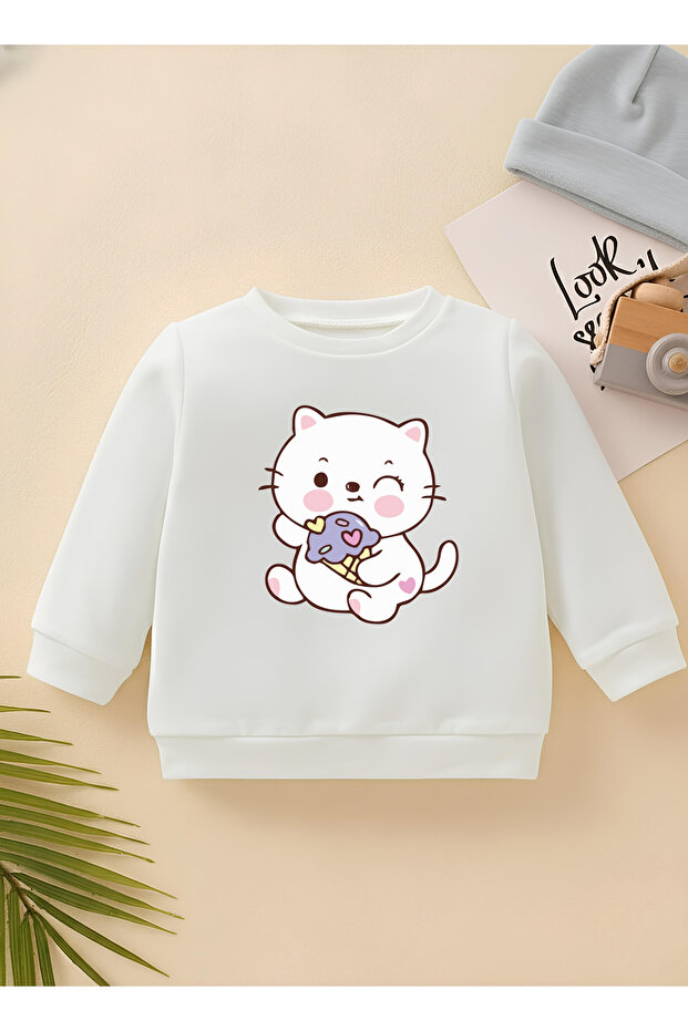 Premium Sweet Cat and Ice Cream Kids Unisex Sweatshirt