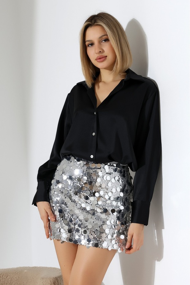 Kadın Pullu Payetli Şort Mini Etek - Gümüş - 2