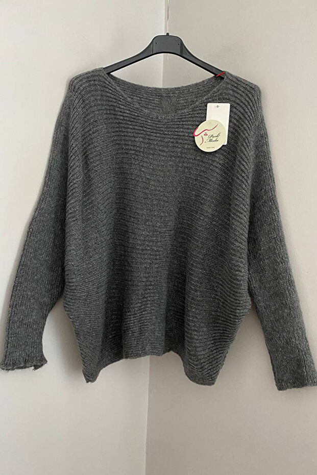 Women's Italian Gray Plain Pattern Back Button Detailed Loose F Corded Fabric Sweater Blouse