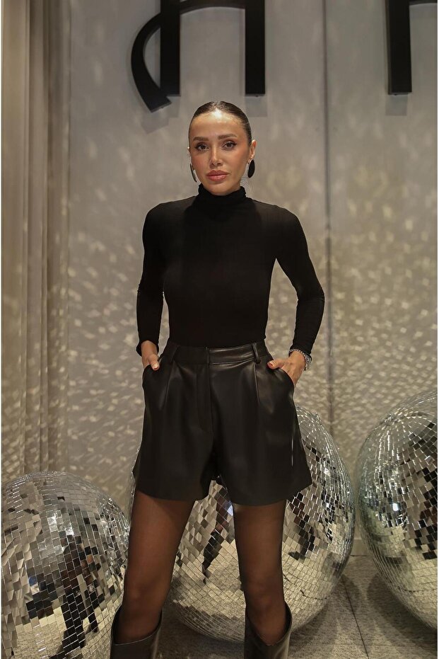 Siyah Toriva Deri Şort - 1