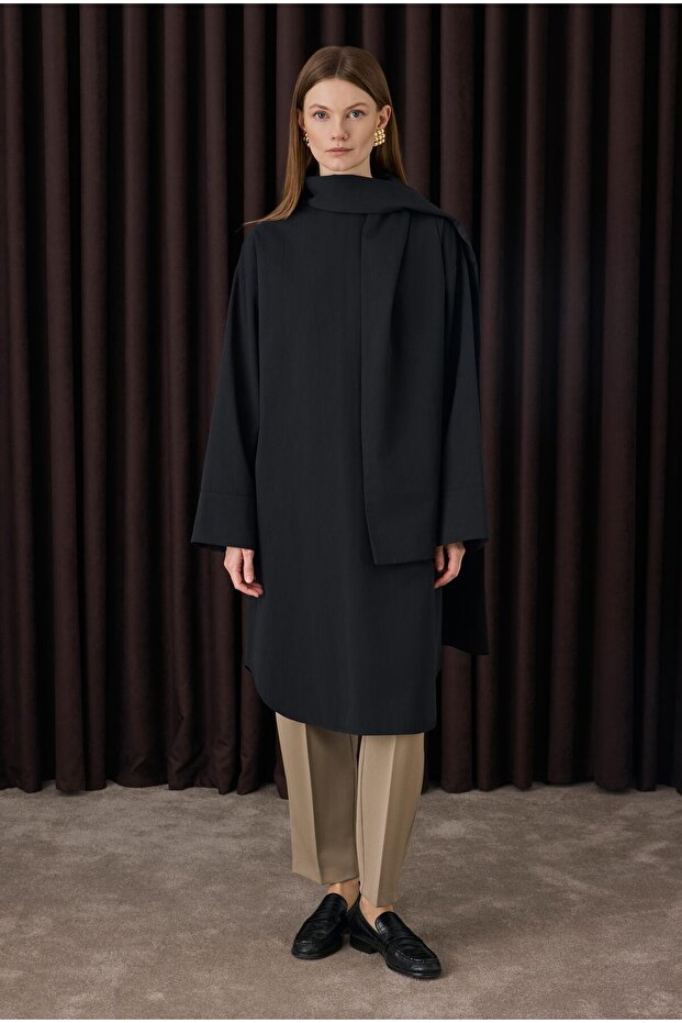 Fular Yaka Gömlek Siyah - 1