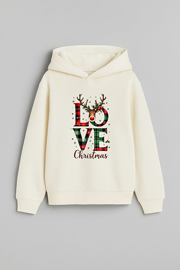 2026 New Year Santa Claus Christmas Printed Ecru Hooded Sweatshirt
