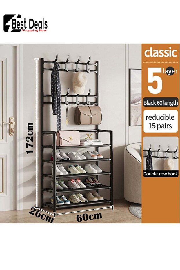5-Tier Shoe and Hat Rack with 8 Hooks, 5-Layer Storage