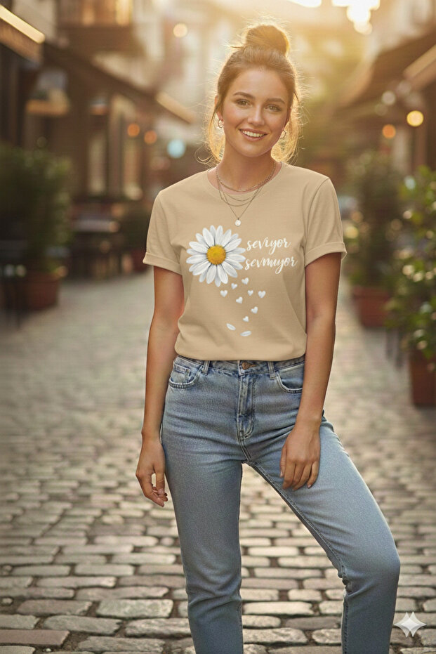 Women's Daisy Printed Oversized Beige Crew Neck T-Shirt