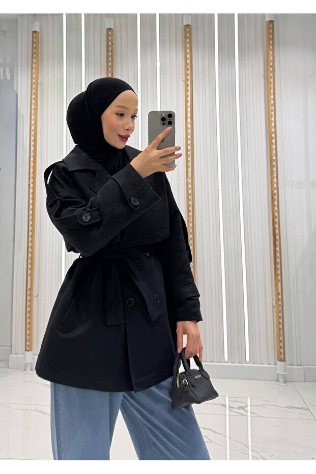Kadın Kuşaklı Süet Kısa Siyah Trençkot - 1