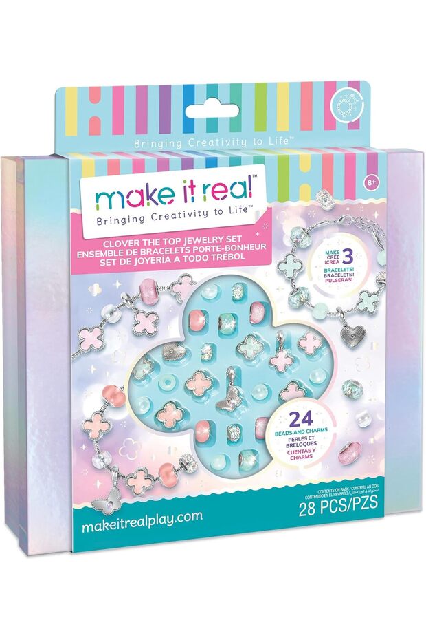 : Clover The Top - 28 pc DIY Jewelry Set, 3 Bracelets, Soft Pastel Beads & Charms